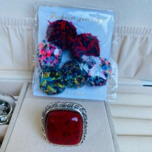Red Stone Silver Ring & Earring Bundle